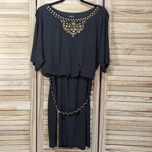 Thalia Black Dress with Gold Accents Size Med